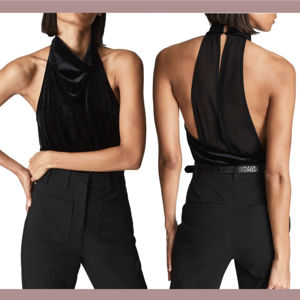 NWT REISS [ XL ] Kimberley Mix Media Halter‎ Neck Bodysuit in Black